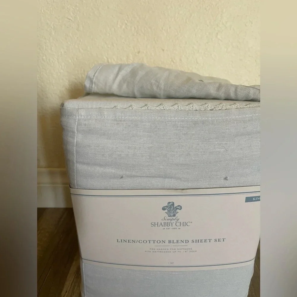 Rachel Ashwell Simply Shabby Chic KING Sheet Set Blue Linen Crochet Trim